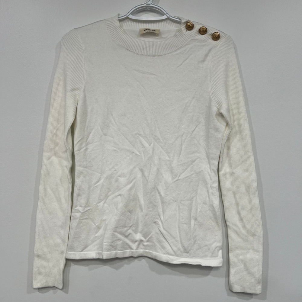 L'Agence Womens Sweater XS White Ribbed Long Sleeve Crewneck Button Knit Soft